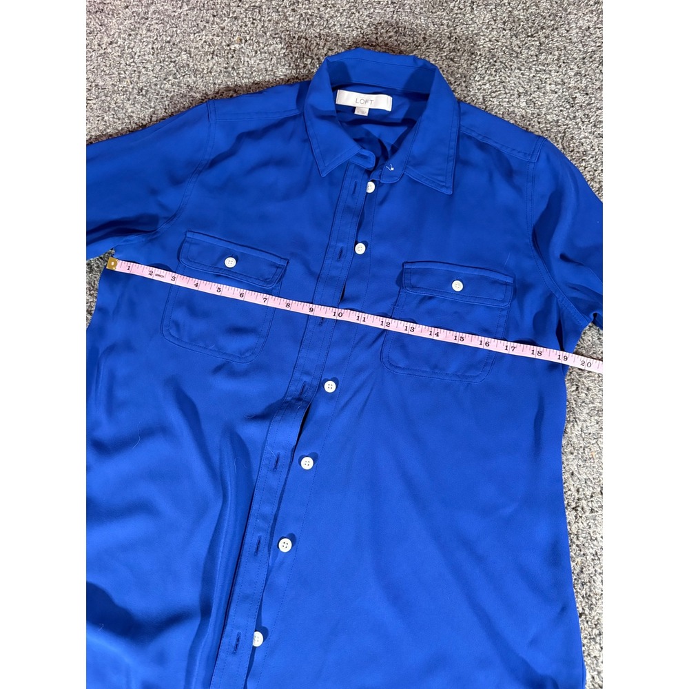 Loft Button Down Blouse Womens Medium Blue Roll Tab Sleeve Utility Shirt - Picture 6 of 11